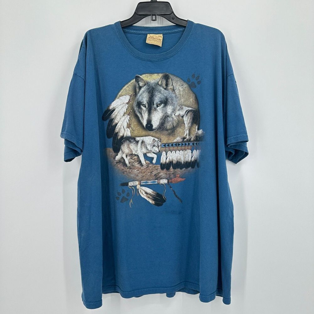 Vtg The Mountain Leather Tag T-shirt Mens 3XL Blue Feathers Wolves Native 90s
